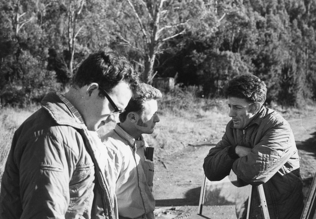 Three of the main players in Tasmanian rallying in the 60s and 70s. Terry Lobban at left, navigated for Lin Gigney throughout the 1960s. Mike Maddock & Ross Kelly centre and right crewed together through 1971. Ross was the 1971 Tasmanian Trials Champion Navigator. [Stephen Chopping]